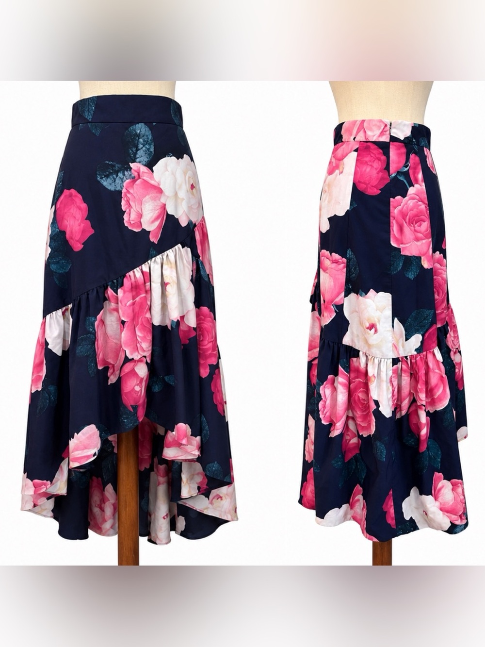 Pink/ Navy high low silky pink ruffle floral skirt- flamenco dancing, size 2